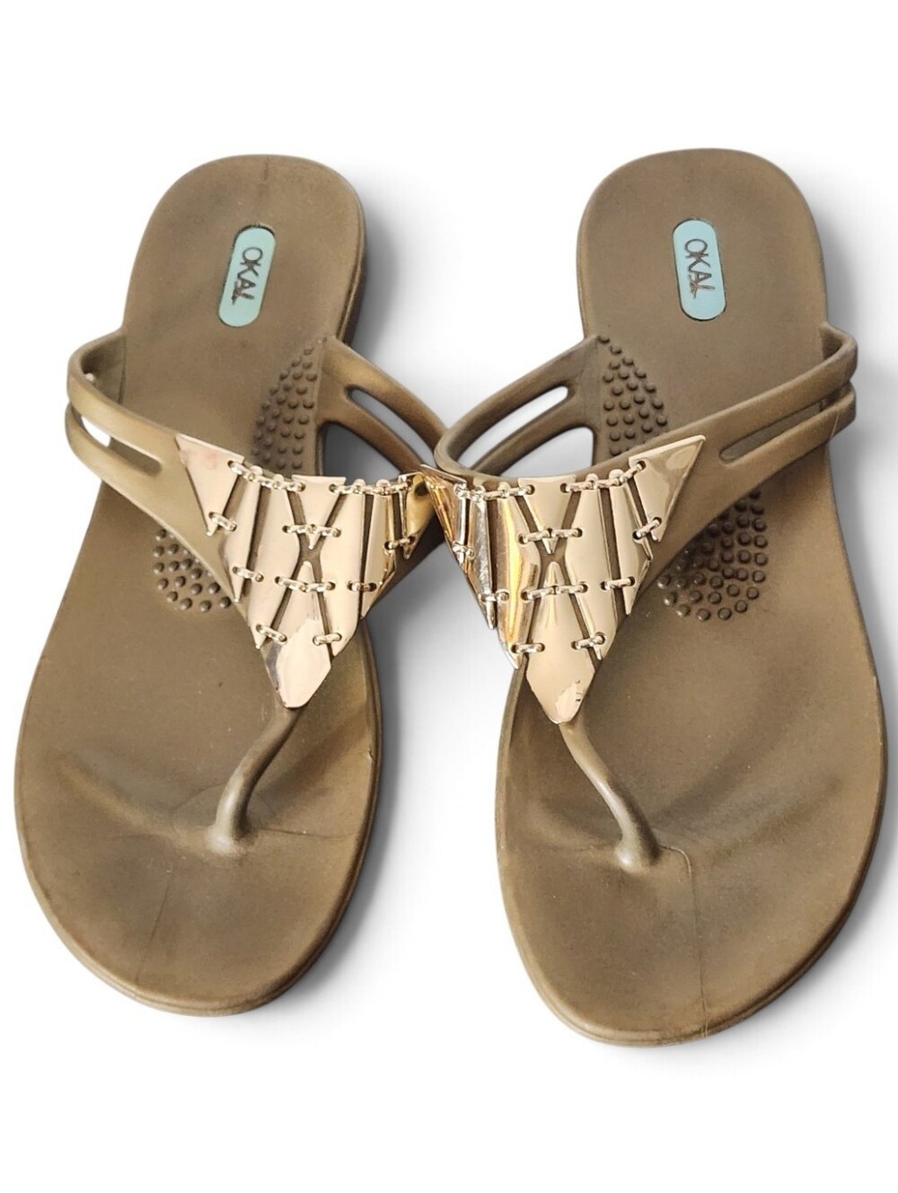 OKA b. Olive Brown Thong Sandals with Gold Accent